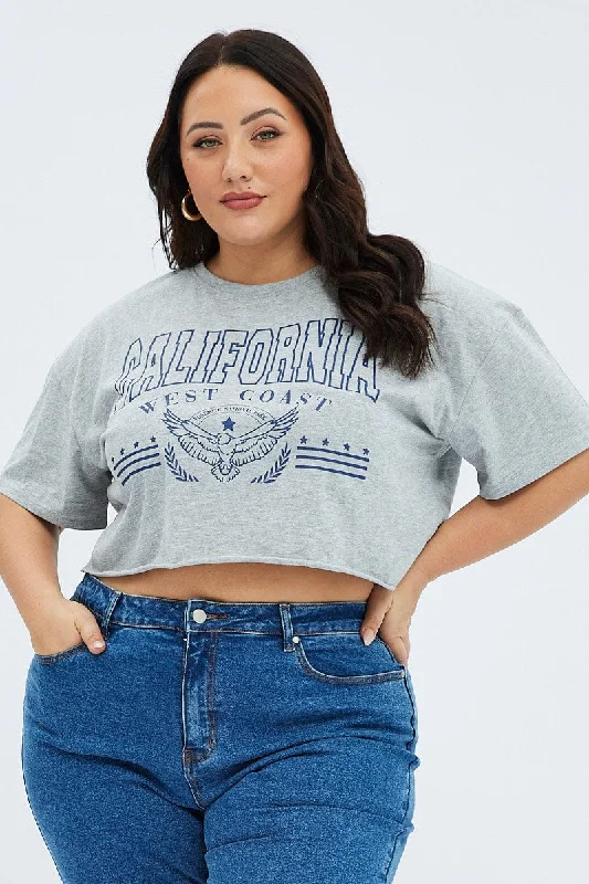 Grey Graphic Crop T-shirt Short Sleeve Crew Neck