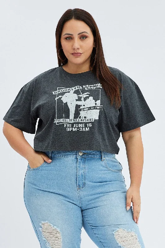 Grey Graphic T-shirt Brooklyn Band Super Crop Jersey