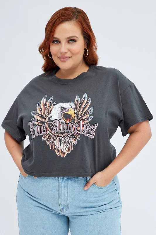 Grey Graphic T-shirt Feather Eagle Crop Cotton