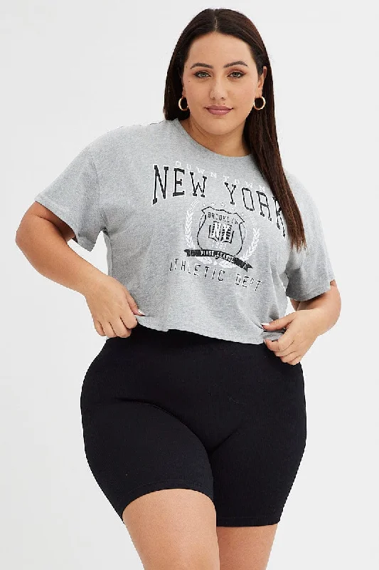 Grey Graphic T-shirt New York Print Crop Short Sleeve