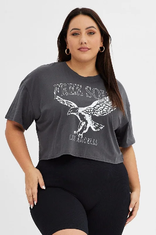 Grey Graphic T-shirt Super Crop Free Soul Eagle