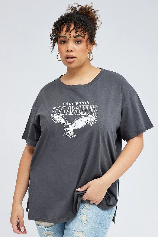 Grey Oversized Eagle Tee Side Split Round Neck