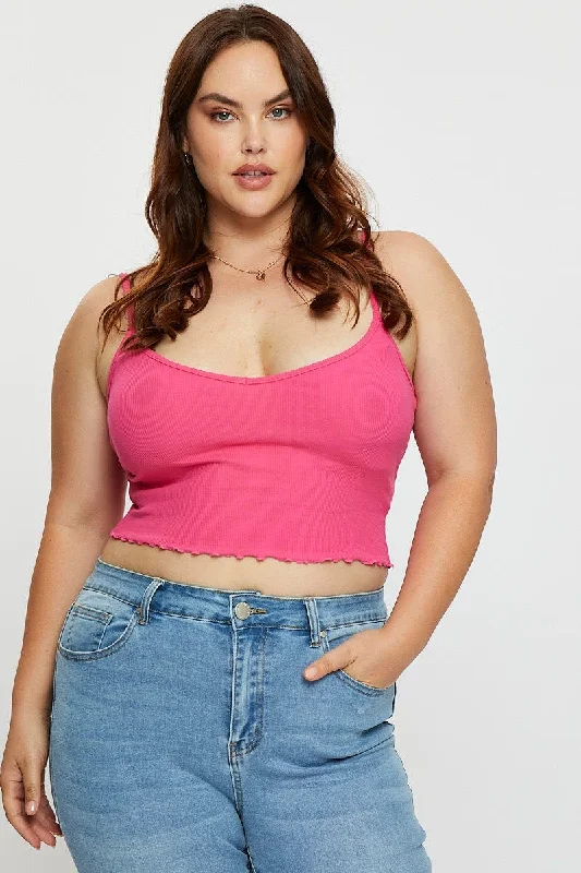 Pink Singlet Top Round Neck Jersey Rib