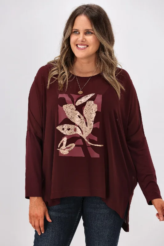 Shine On Label Kateri Foil Print Top Deep Wine