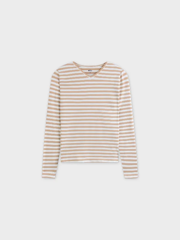 Thin Stripe High V Tee-Tan/White Stripe