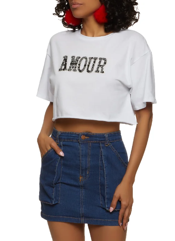 Amour Rhinestone Cropped Graphic Patch Tee