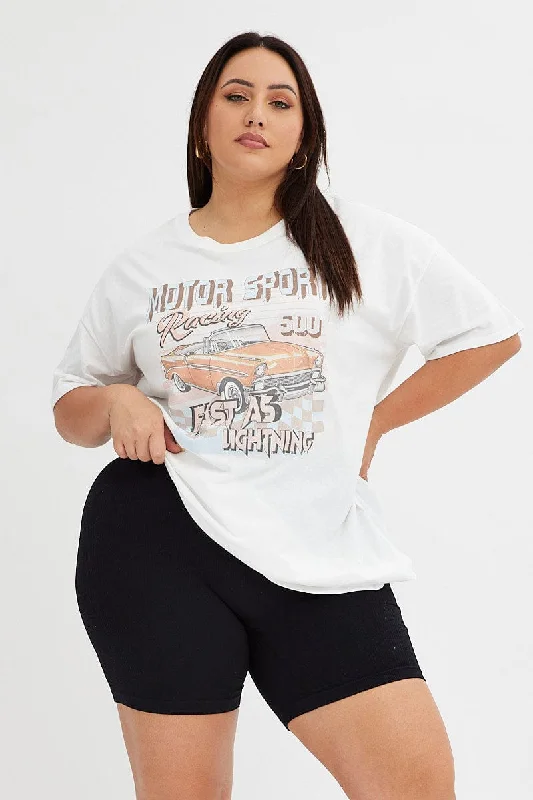 White Graphic T-shirt Car Print Oversized Cotton