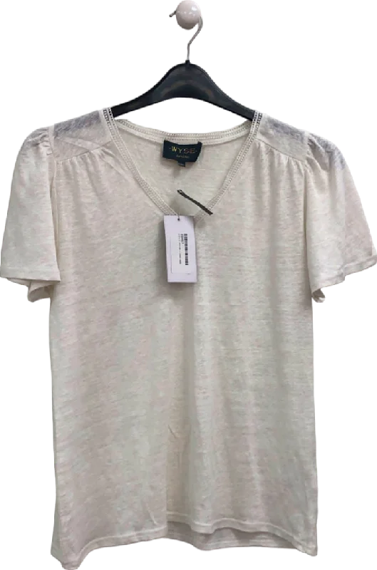 WYSE LONDON White V-Neck Lily Linen Tee Lace Trim - White UK 8