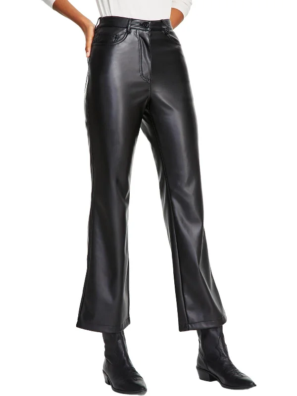 Womens Faux Leather Mid Rise Straight Leg Pants