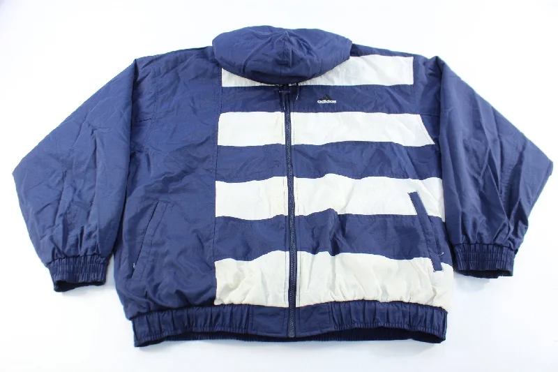 90’s Adidas Embroidered Logo Navy Blue & White Striped Zip Up Jacket