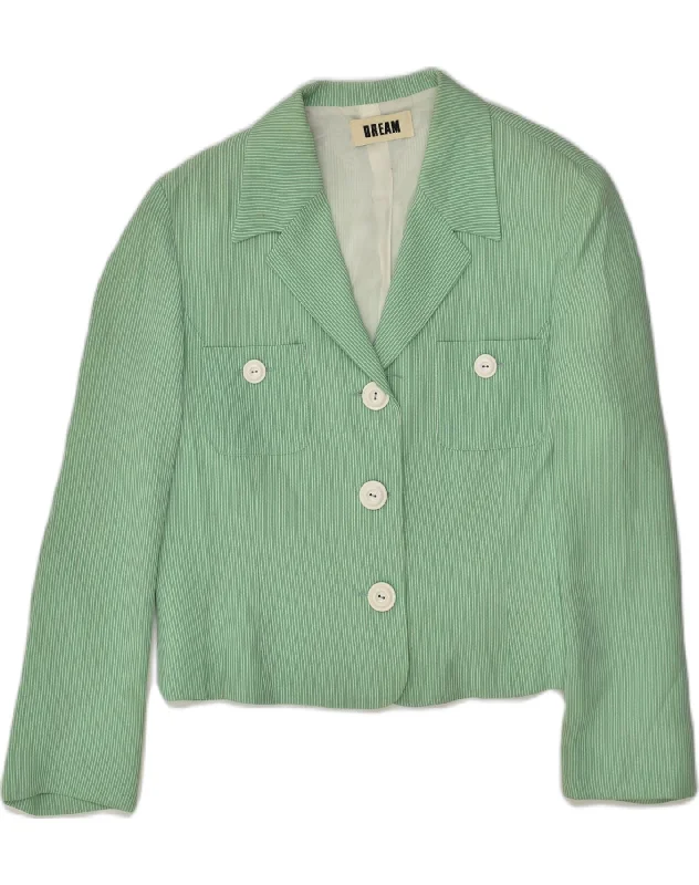 DREAM Womens 3 Button Blazer Jacket UK 14 Large Green Striped Acrylic