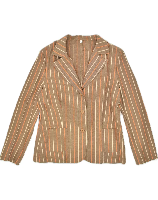 VINTAGE Womens 3 Button Blazer Jacket IT 48 XL Brown Striped Linen