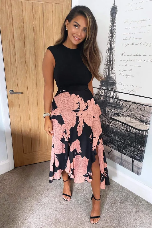 Black and Blush Floral Print 2 in 1 Midi Dress