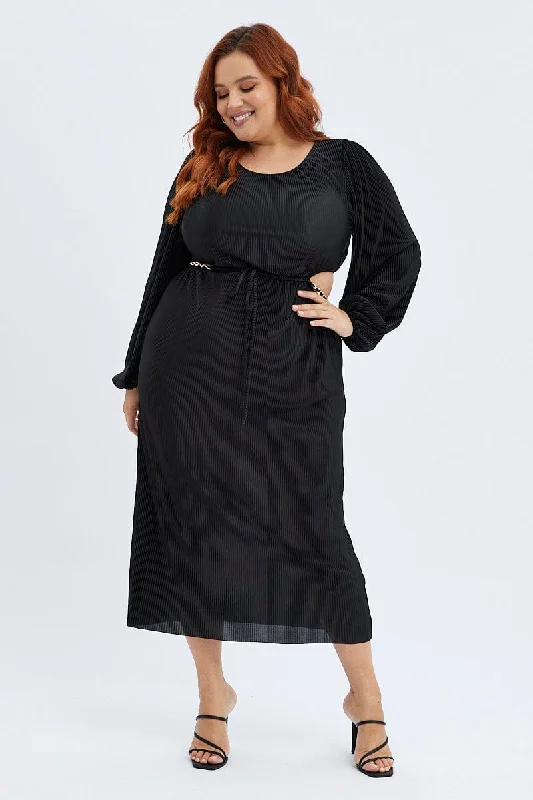 Black Midi Dress Long Sleeve Cut Out Plisse