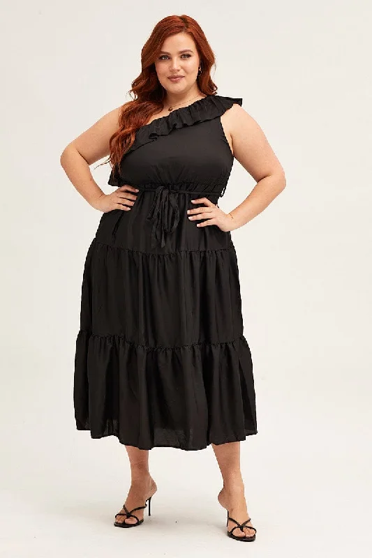 Black Midi Dress One Frill Shoulder