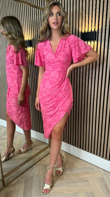 Cyprian Pink Angel Sleeve Wrap Midi Dress