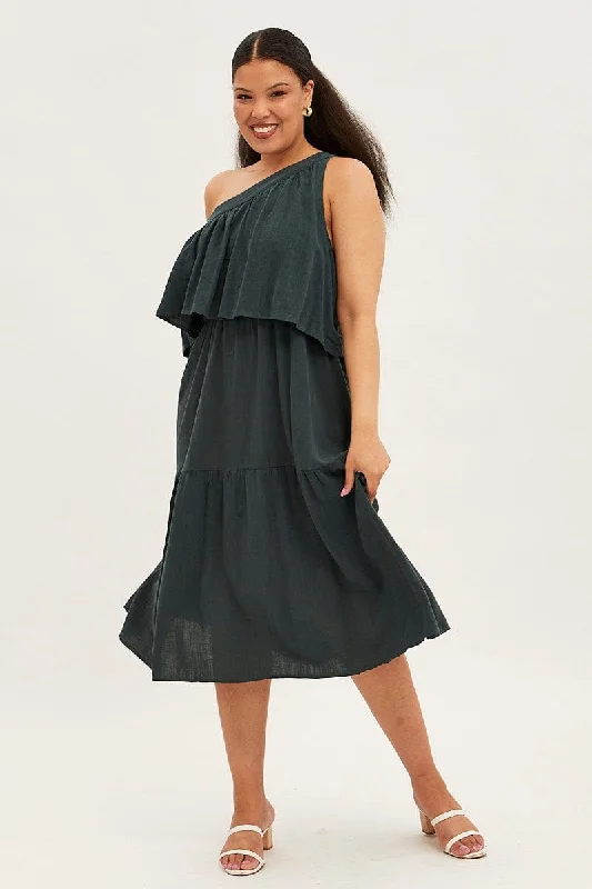 Green Midi Dress One Shoulder Frill Linen Blend