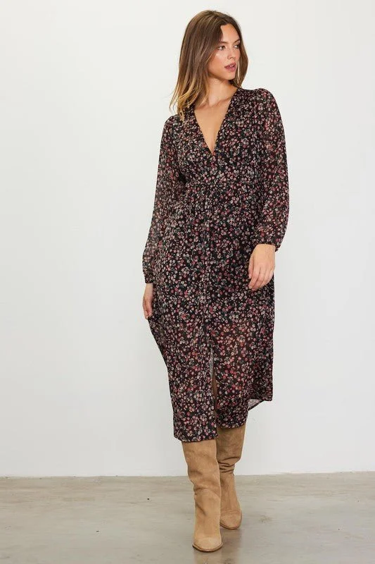 Long Sleeve Floral Print Midi Dress