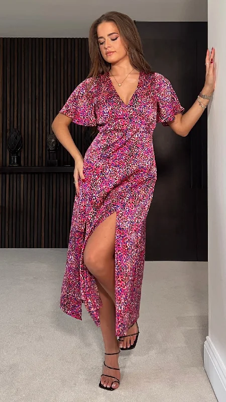 Magdalena Purple Animal Print Angel Sleeve Split Leg Midi Dress