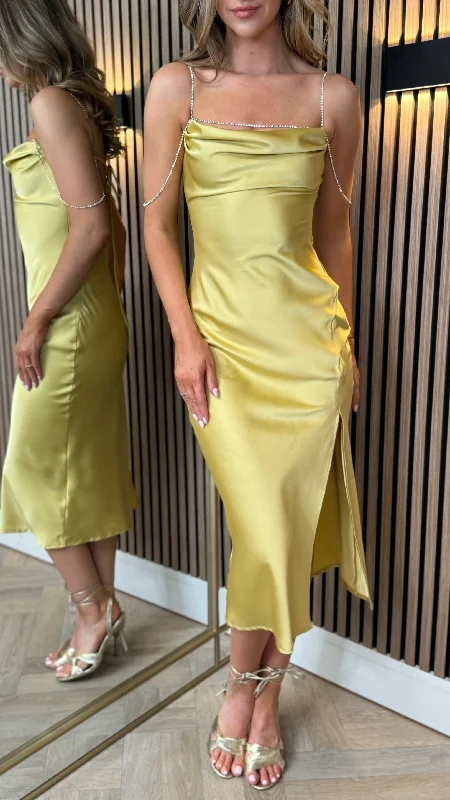 Paris Yellow Satin Slip Midi Dress