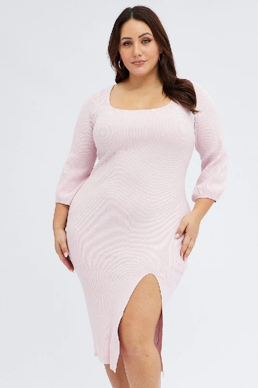 Pink Midi Dress Long Balloon Sleeve Sexy Split Knit