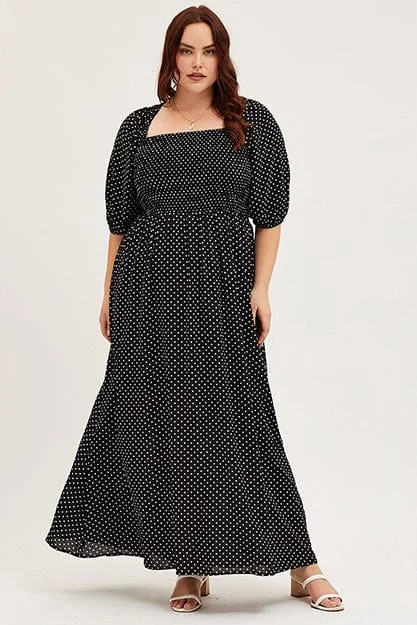 Polka Dot Midi Dress Scoop Neck Short Sleeve