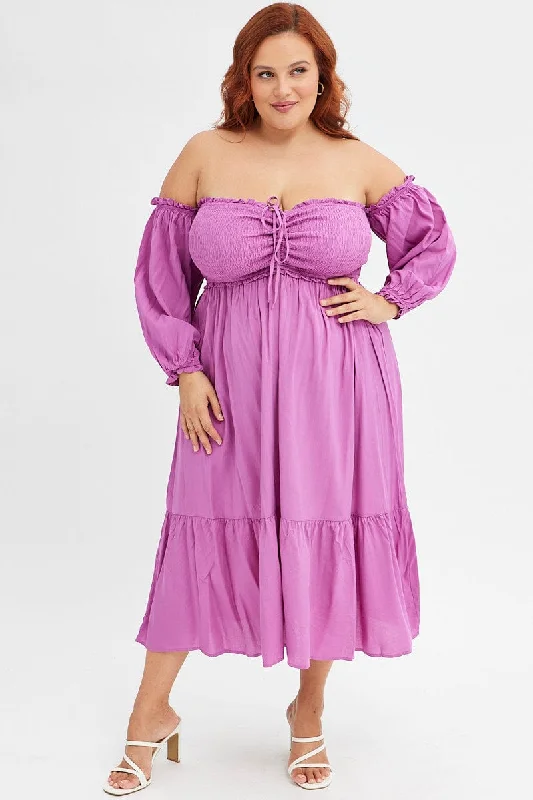 Purple Midi Dress Off Shoulder Shirred