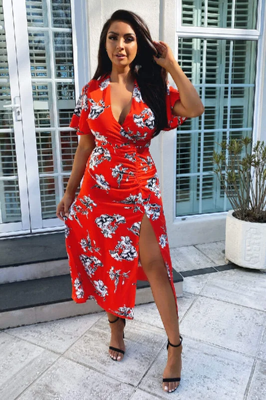 Red Floral Print Bell Sleeve Midi Dress