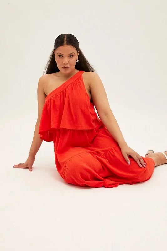 Red Midi Dress One Shoulder Frill Linen Blend