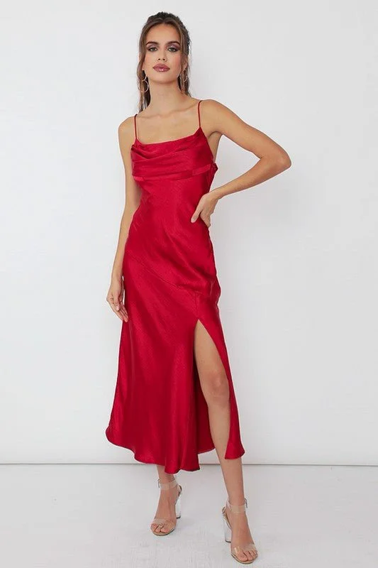 Red Satin Side Slit Midi Dress