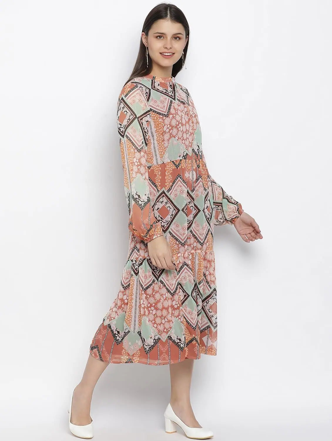 Feminine A- Symertrical Print Button Dowmn Women Dress