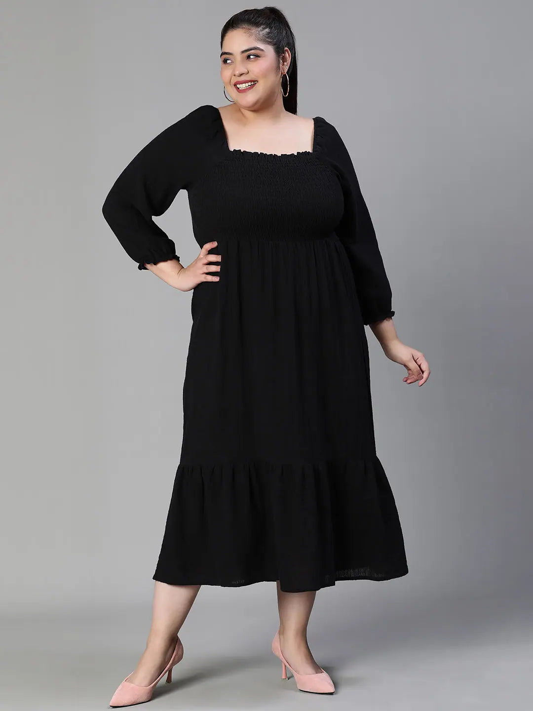 Fleek Soild Black Smocked Flare Plus Size Maxi Cotton Dress