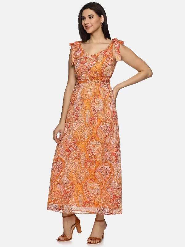 Floral Orange Tie-up Detailed Maxi Dress-17350