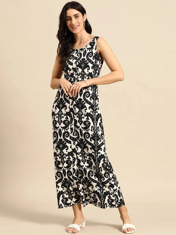 Maxi Shirt Dress in Black and Cream Ikkat Print