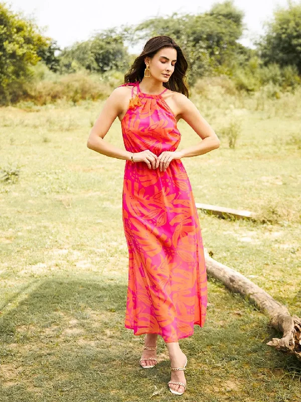 Neck tie up maxi dress in Pink and Orange Print