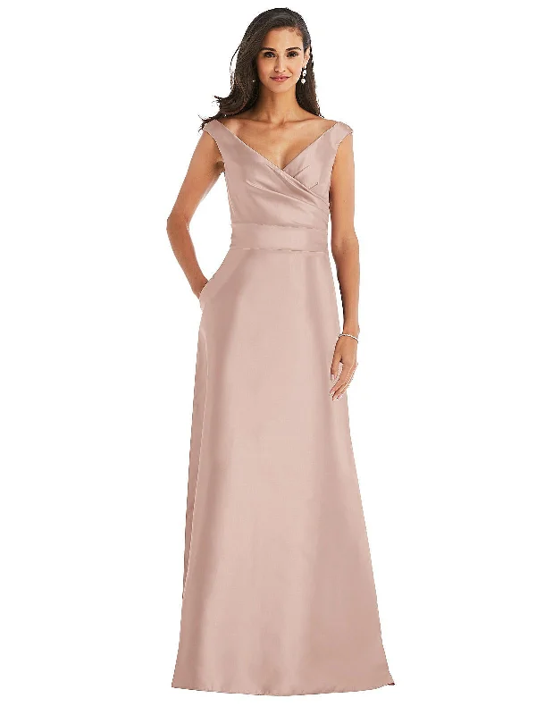 Off-the-Shoulder Draped Wrap Satin Maxi Dress