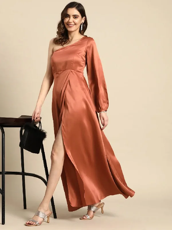 One shoulder Over lap Maxi Dress in Rust