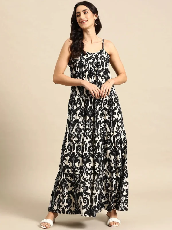 Tiered maxi Dress in Black and Cream Ikkat Print