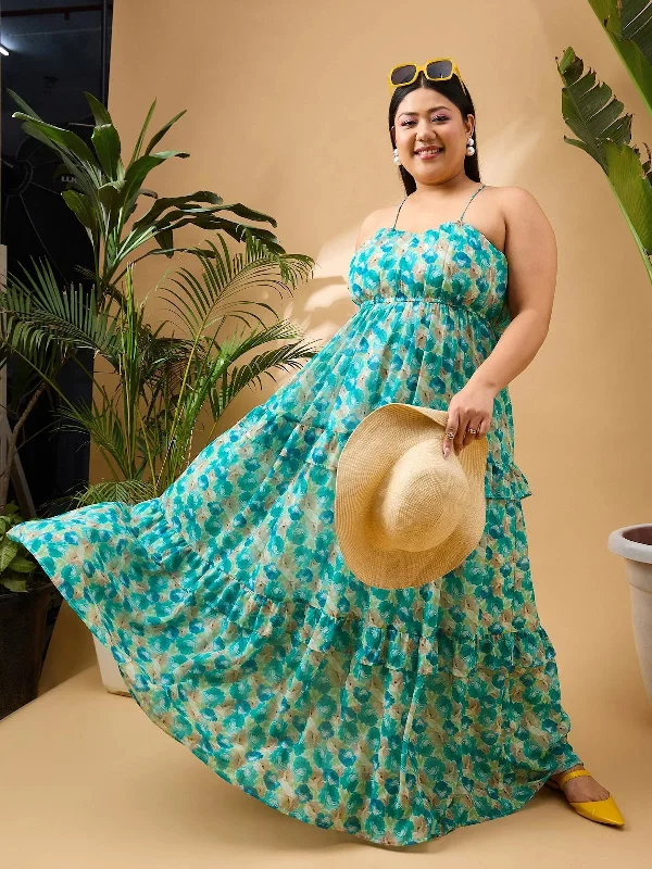 Women Green Floral Strappy Maxi Dress