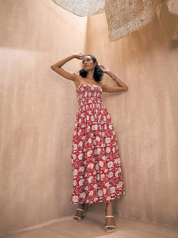 Women Red Floral Smocked Bust Tube Maxi