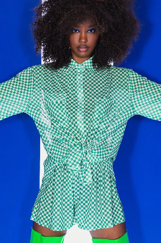 CENTRAL PARK GINGHAM MESH BUTTON DOWN BLOUSE