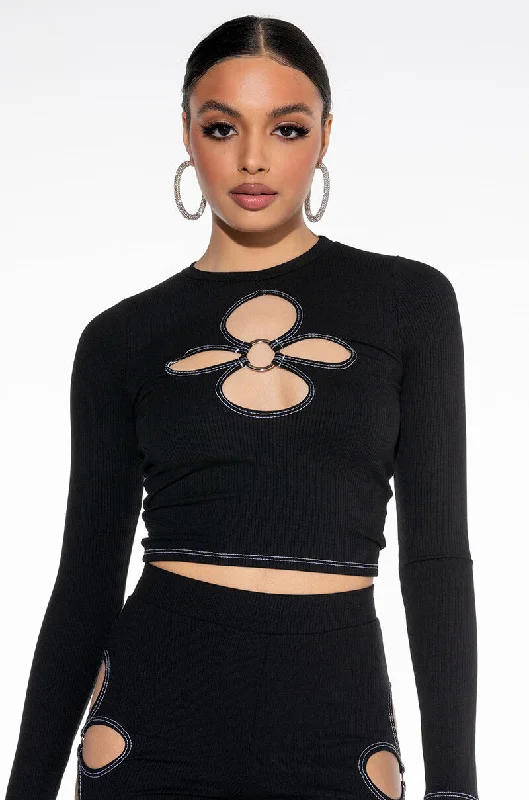 KYLIE CUT OUT RIBBED LONG SLEEVE TOP