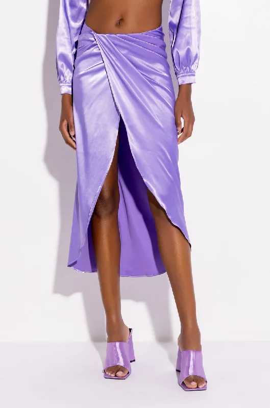 ON MY LEVEL WRAP FRONT SATIN MIDI SKIRT