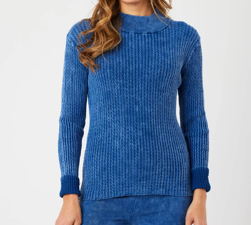 Cable Mock Neck Sweater In Denim