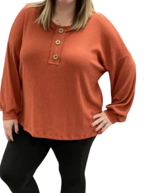 Faux Button Henley Sweater In Brick