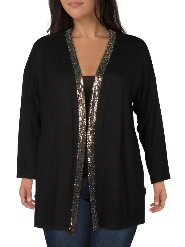 Plus Womens Sequined Open Front Cardigan Sweater