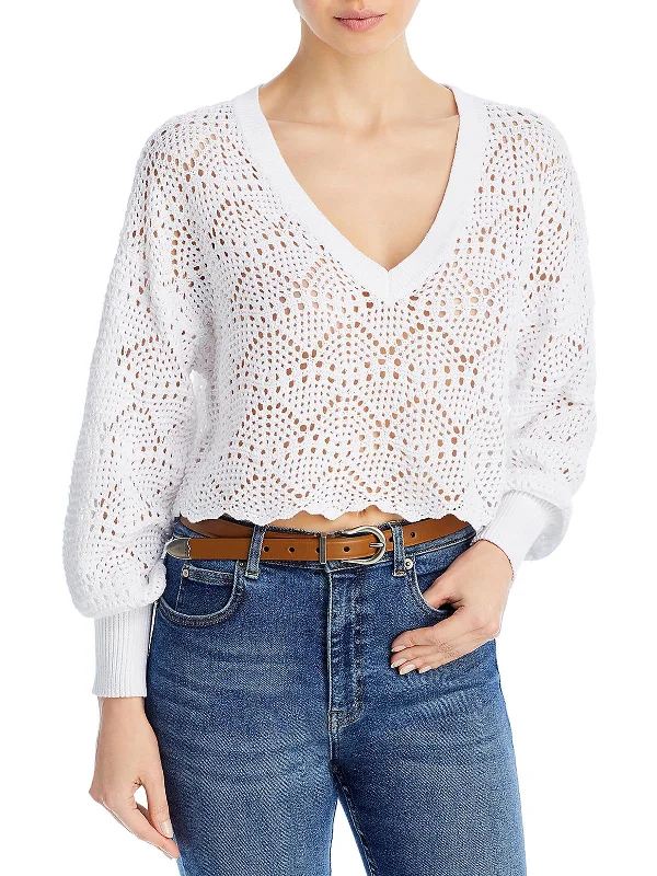 Womens Crochet Cropped V-Neck Sweater